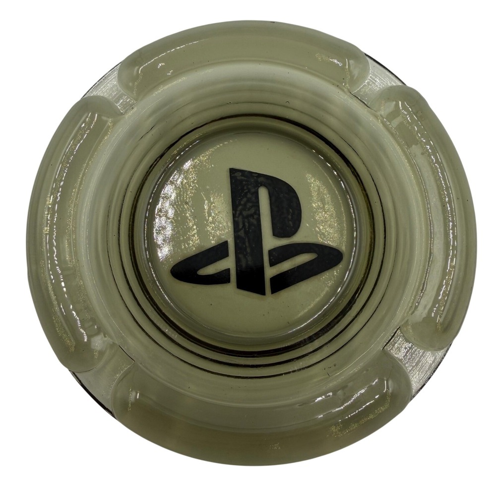 Sony PlayStation Glass Ashtray Smoke Grey Round Gaming Logo Collectible Tray